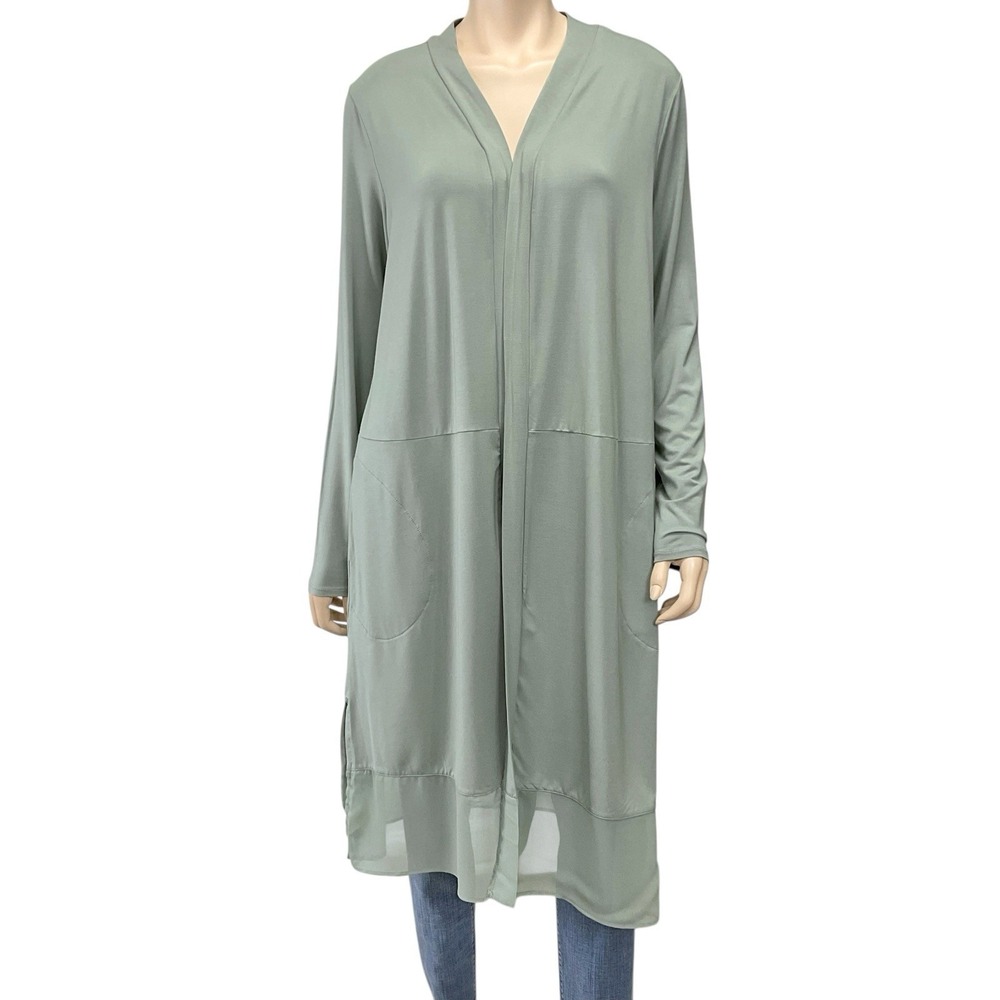 LOGO Lori Goldstein Cardigan Women Large Green Long Sleeve Longline Duster